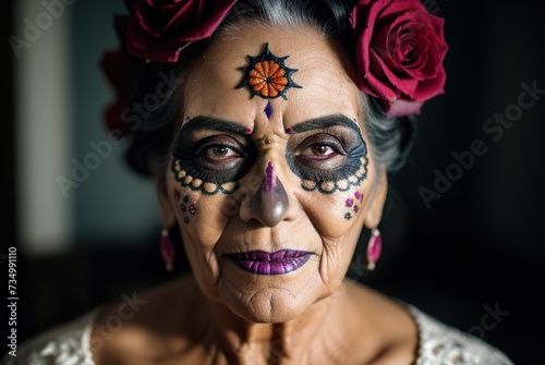 A close-up portrait of an elderly woman with skull makeup wearing a hat with traditional Mexican flowers. Halloween party, traditional Mexican carnival, Santa Muerte. El Día de Muertos. 
