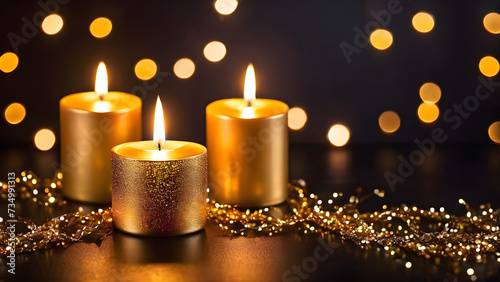 background with a burning candle and bokeh lights in golden colors  representing a festive concept with copy space