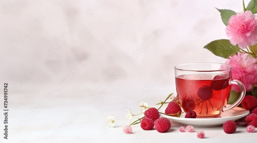 Hot fruit tea with raspberries in glass cups on the table. A healthy hot drink. Alternative medicine. A decoction of raspberries, rich in vitamins. Hot fruit tea with raspberries in glass cups on the table. A healthy hot drink. Alternative medicine. A decoction of raspberries, rich in vitamins.