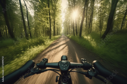point of view of a cyclist riding through a sunny summer forest. pov bike cyclist Generative ai
