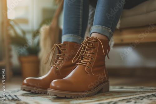 closeup of woman lacing up leather ankle boots photo