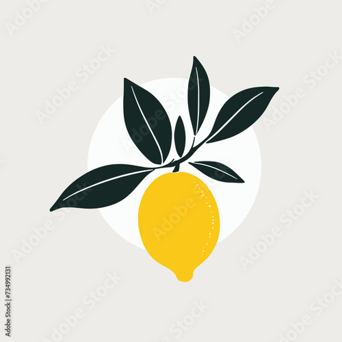 Minimalistic illustration of a vibrant yellow lemon with dark green leaves on a soft gray background.