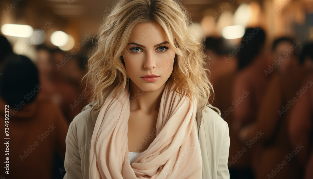 Young woman, blond hair, looking at camera, smiling, fashionable generated by AI