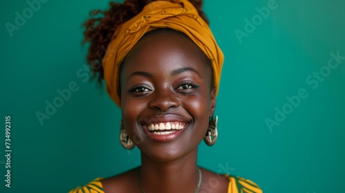 Portrait of African-American woman with yellow turban on head looking at camera with smile against mint studio background.