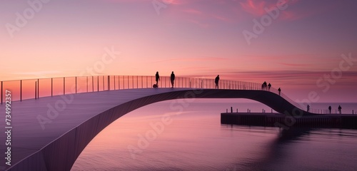 Aarhus' iconic Infinite Bridge stands resolute against the backdrop of a vibrant sunset, its slender curves bathed in the warm hues of twilight, inviting wanderers to embark on a journey to infinity.