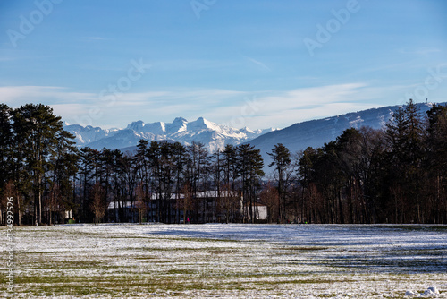 Park fields during winter with Mont Blanc in the background - Prevessin-Moens, France