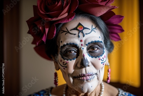 A close-up portrait of an elderly woman with skull makeup wearing a hat with traditional Mexican flowers. Halloween party, traditional Mexican carnival, Santa Muerte. El Día de Muertos.  © Ievgen Tytarenko