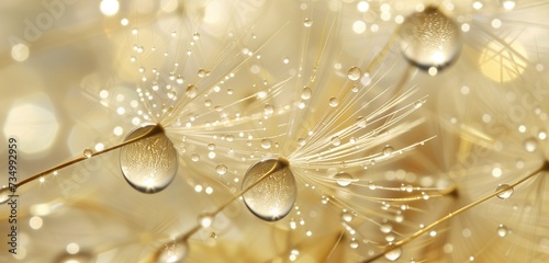 Crystal-clear dew drops adorn delicate dandelion seeds, creating a stunning macro image of nature's elegance.