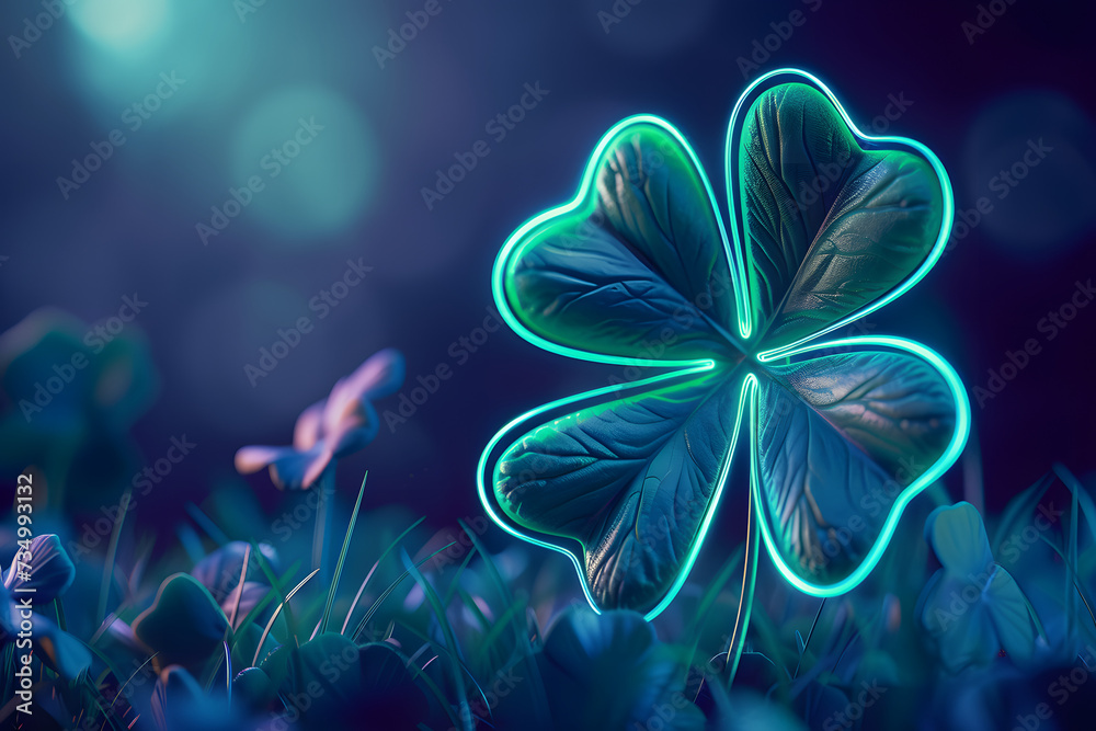 Neon light with clover leave. Saint Patrick's day background. - obrazy, fototapety, plakaty 