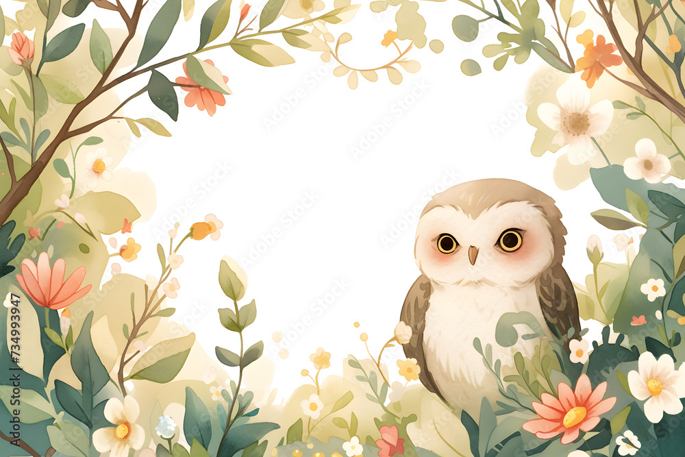 Cute cartoon owl frame border on background in watercolor style. Cute cartoon owl frame border on background in watercolor style.