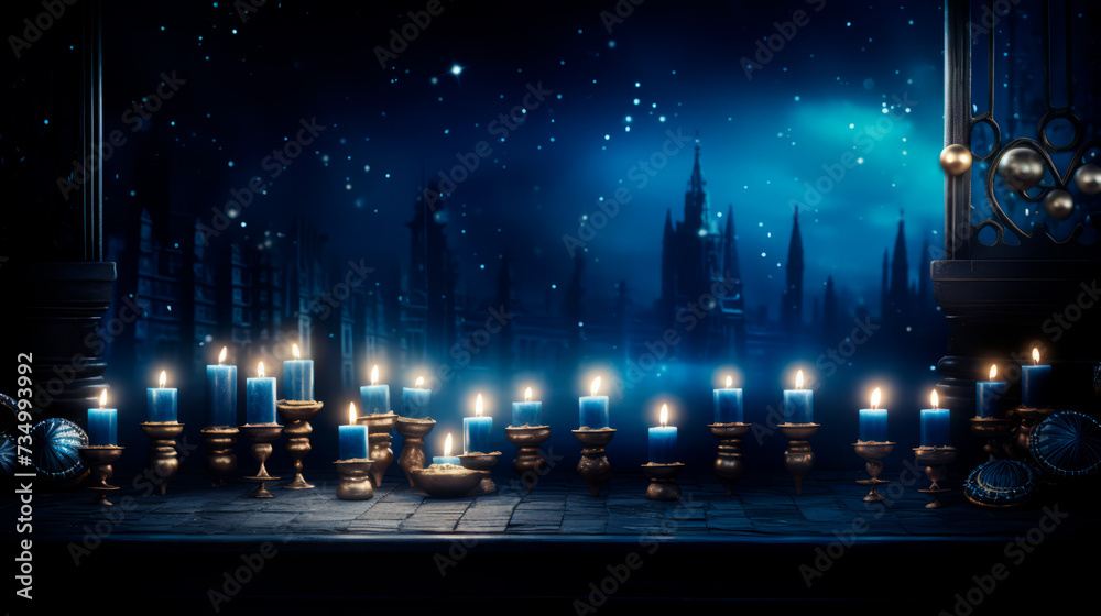 Lit candles set against a mystical blue hue, invoking Hanukkah's spiritual aura, symbolizing the miracle of the Festival of Lights in a portrayal of faith and renewal.