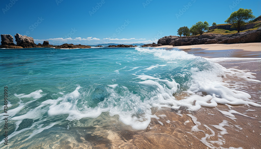Blue wave splashing on rocky coastline, nature tranquil beauty generated by AI