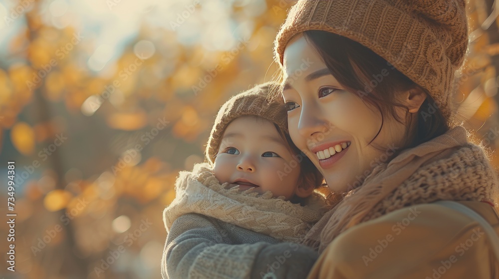 Fototapeta premium Close portrait of asian mother and child in traditions asian style