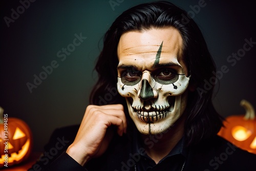 A close-up of a man with a skeleton mask painted on his face on a blurred background of burning pumpkins and garlands. Halloween. A symbol of death, fear, horror, nightmares.