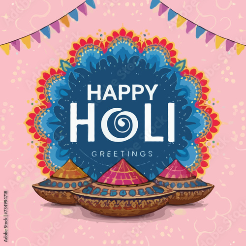 Happy Holi festival, colorful pot and powder, vector illustration design.