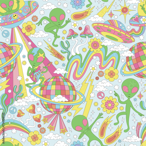 Groovy hippie retro sci-fi dancing green man rock star alien party planet saturn shape disco ball vector seamless pattern. Retro 60s 70s 80s flower power galaxy universe celestial light background. 