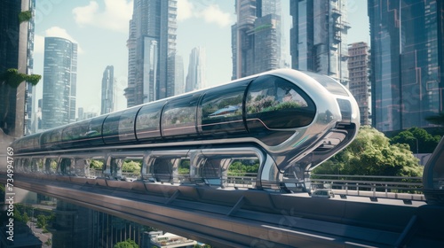 Futuristic Train Traveling Through a City Next to Tall Buildings