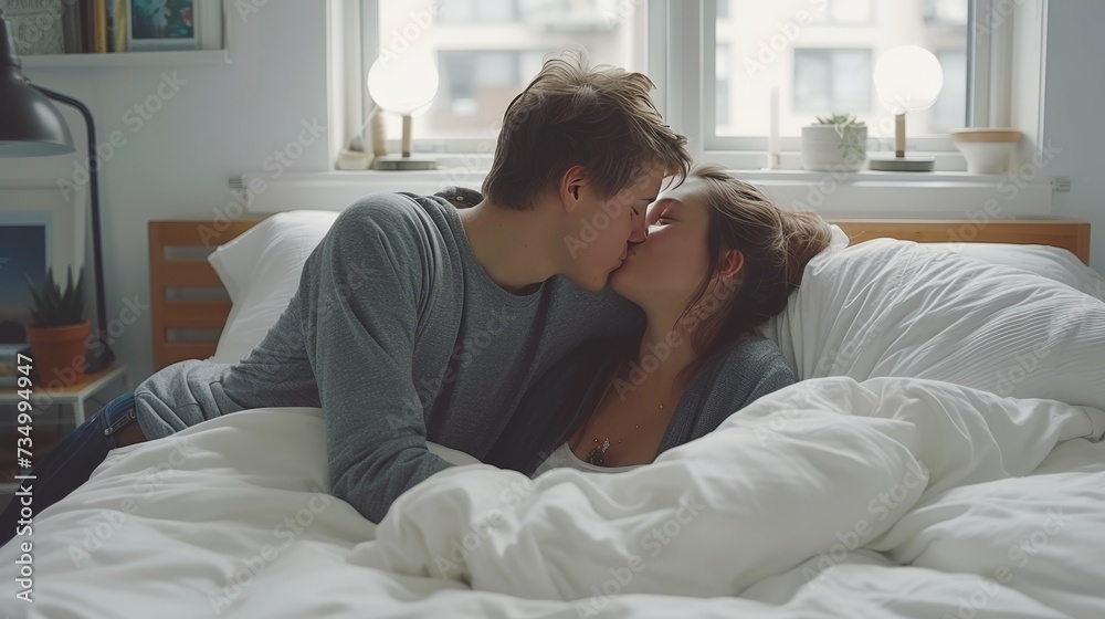 Romantic young couple kissing on soft white pillows under bright covers in a cozy morning bedroom Romantic young couple kissing on soft white pillows under bright covers in a cozy morning bedroom