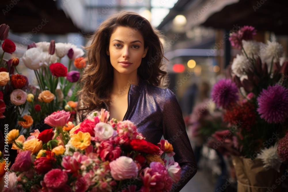 A woman at the flower market, holding a bouquet