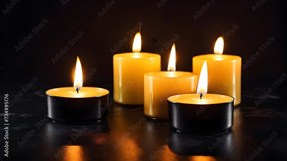 closeup of burning candles on an abstract black background contemplates the celebration mood. Christmas candles on a dark background closeup of burning candles on an abstract black background contemplates the celebration mood. Christmas candles on a dark background