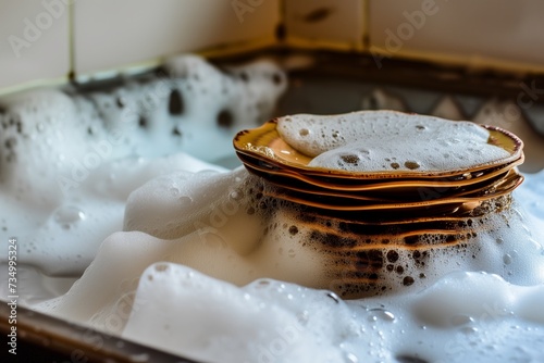 stack of dirty dishes entering a sudsy basin with a foamy surface