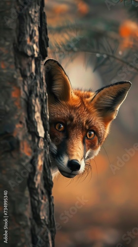 Fox with Curiosity Peering from Behind Tree Trunk AI Generated.