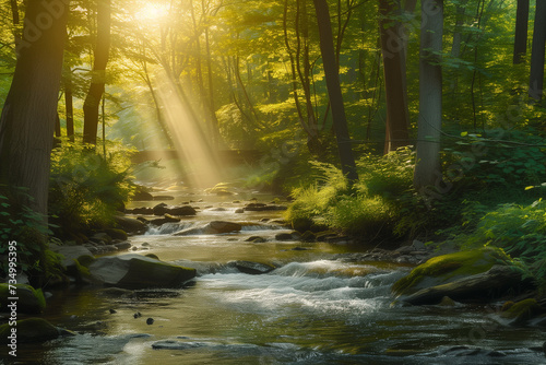 Enchanted Forest Retreat with Sunlight and Stream