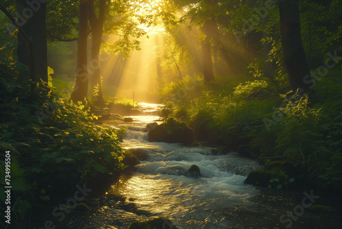 Enchanted Forest Retreat with Sunlight and Stream  