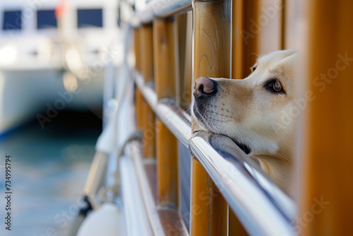 dog peeking through yacht railing