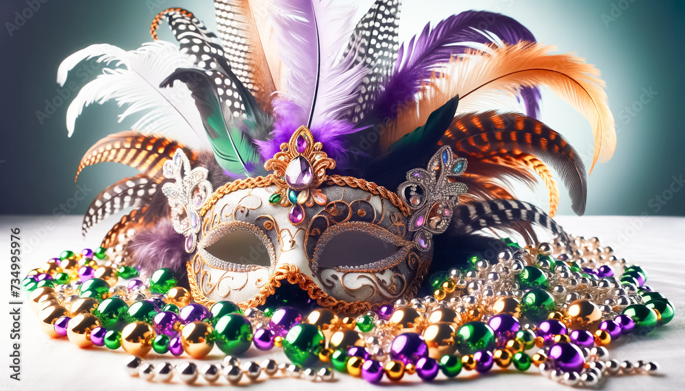 Majestic Mardi Gras Mask Amidst a Treasure Trove of Festive Ornaments