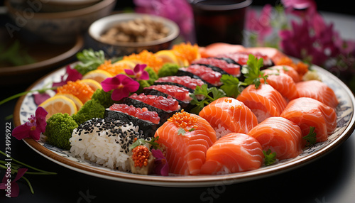 Freshness on plate seafood, sashimi, nigiri, maki sushi, avocado generated by AI