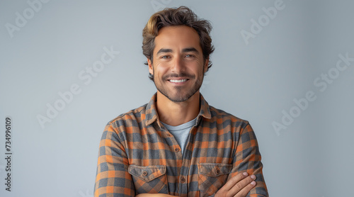 Standing portrait of a smiling adult man A cheerful face, a kind smile on a white background Image created by ai © Chainat