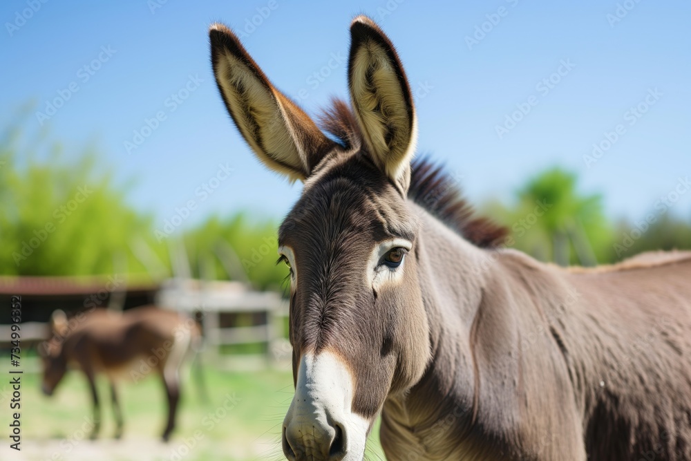 portrait of donkey with long ears in a sunny pasture