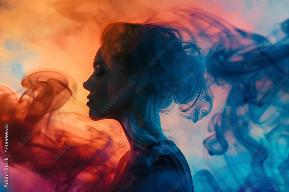 a woman with her head surrounded by colorful smoke. creative concept.