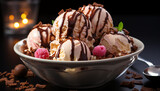 Gourmet chocolate ice cream sundae on wooden table generated by AI