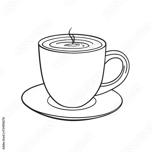 Illustration of a steaming hot cup of coffee on a saucer, capturing a cozy and inviting ambiance in a minimalist black and white style.