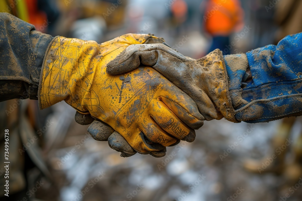 Close up of construction worker's hands in gloves greeting each other with handshake Close up of construction worker's hands in gloves greeting each other with handshake