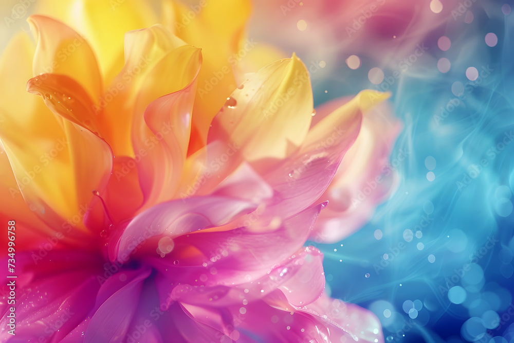 A colorful flower with dew drops on its petals, set against a vibrant blue and pink background