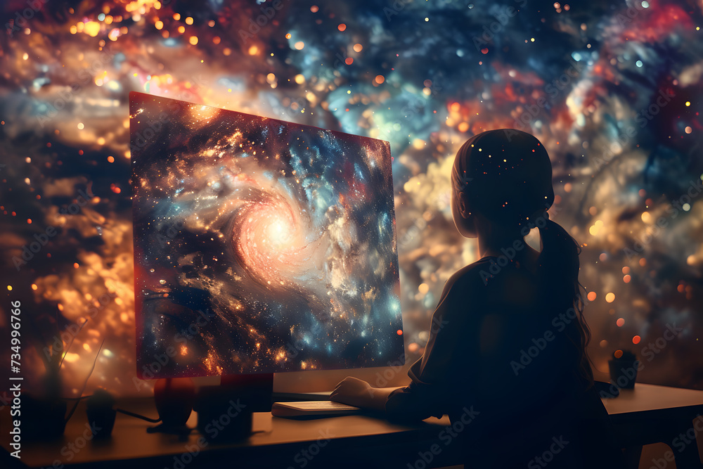 A young girl sits in front of a computer screen with a background of a galaxy.