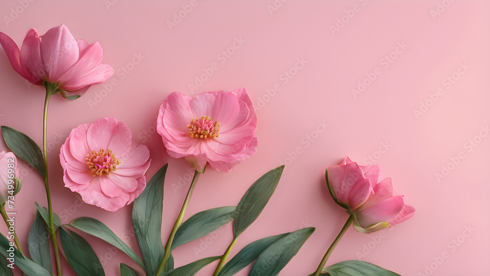 pink flowers on side of pastel pink background with copy space watercolor trending on artstation. pink flowers. wedding frame, greeting card, birthday, Mother day, card. decoration card. pink roses