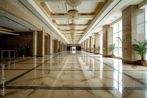 wideangle view of a spacious, unoccupied hotel lobby with marble floors