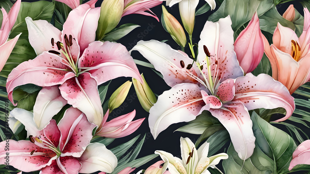 pretty floral wreath with pink flowers and white lilies watercolor trending on art station sharp focus - obrazy, fototapety, plakaty 