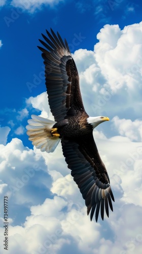 Majestic Bald Eagle in Flight Against White Clouds AI Generated.