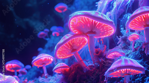 Psychedelic mushrooms in dreamy neon light, closeup