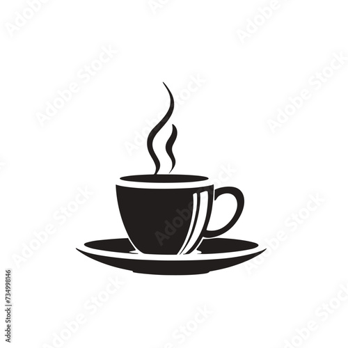 Simple black silhouette of a steaming cup of coffee on a saucer, set against a white background.