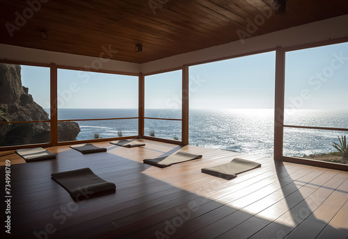 a serene yoga studio with mats  overlooking a beautiful ocean view  encapsulated by large panoramic windows and warm wooden interiors  ai generative