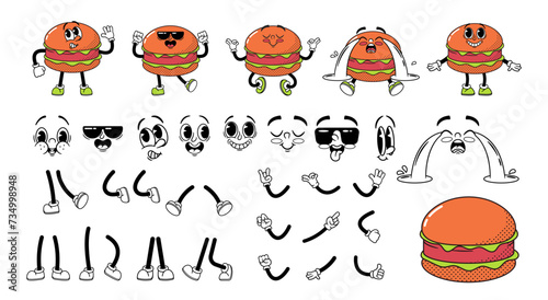 Cartoon Retro Burger Fast Food Character Construction Kit. Set of Street Meal Hamburger Personage Facial Expression