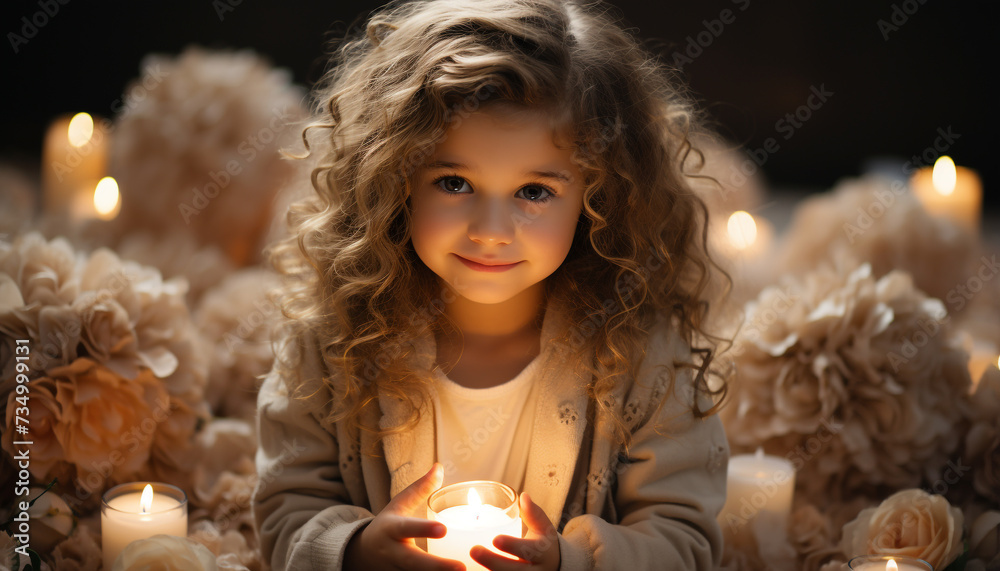 Smiling child holds candle, bringing warmth and joy generated by AI Smiling child holds candle, bringing warmth and joy generated by AI