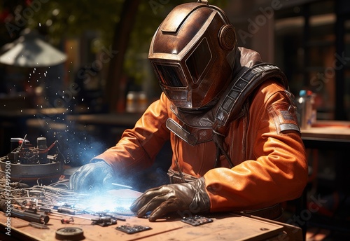 Man in Gas Mask Welding Metal