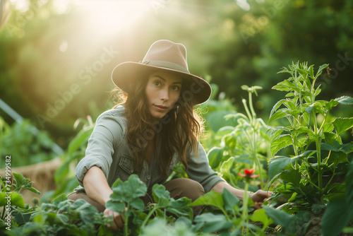 Woman with a hat gardening outside
